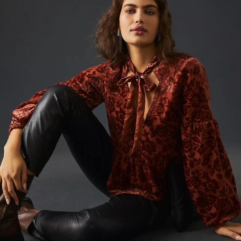 By Anthropologie Velvet Tie-Neck Blouse